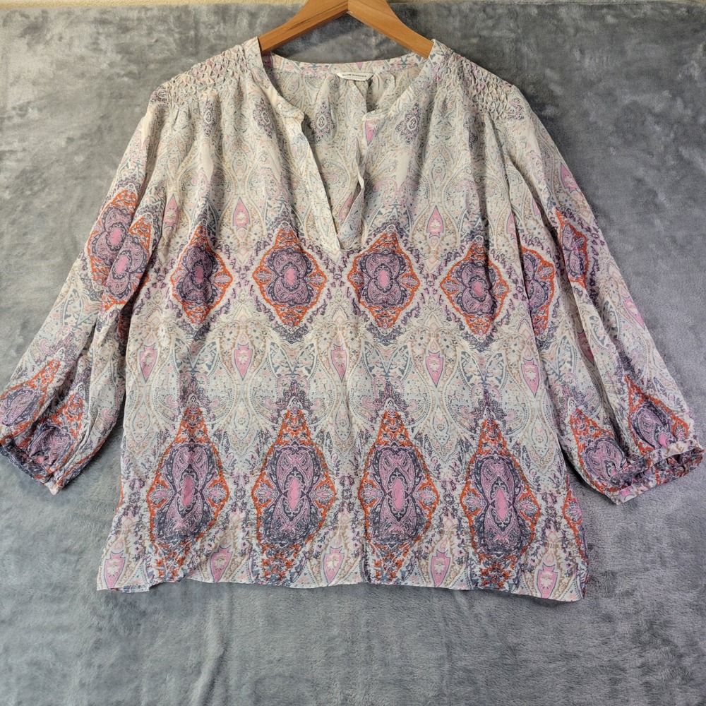 Club Monaco Women XS Silk Boho Paisley Peasant Blouse Quiet Luxury‎ Vintage Chic